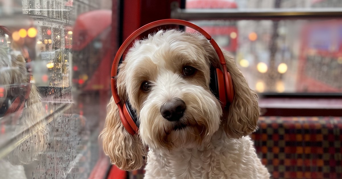 A dog in red headphones sitting on a London bus seat, rain on the window