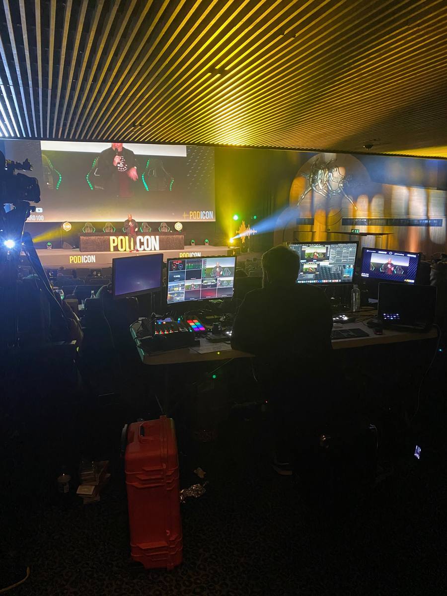 Live production desk with vision mixing screens