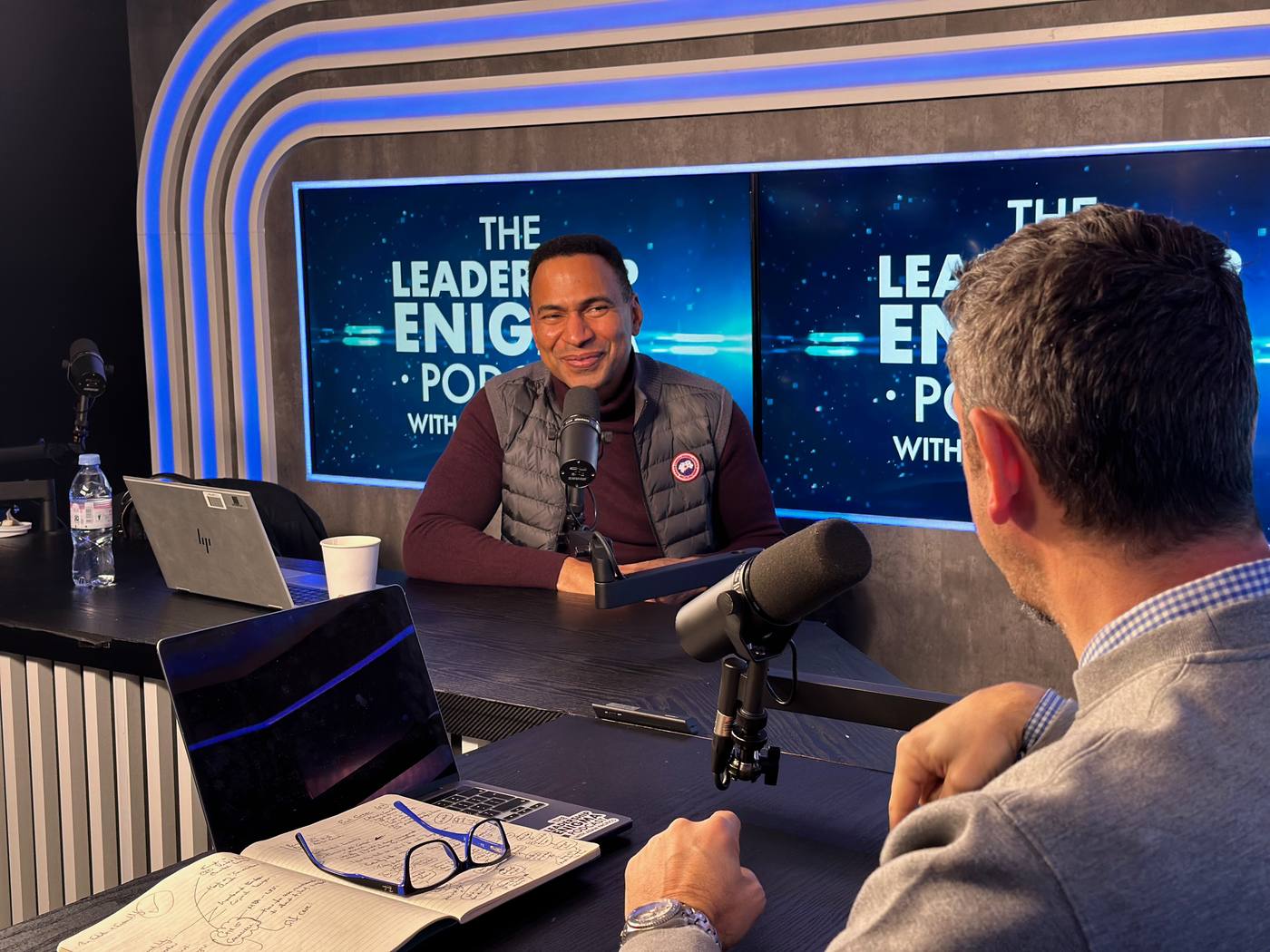 Company podcast being recorded on the studio set